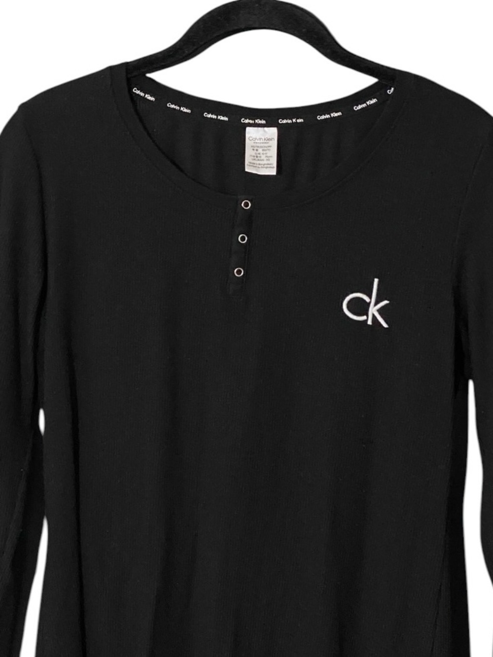 Calvin Klein Sleepwear Black Ribbed Henley Long Sleeve Logo Top XS - Picture 3 of 7